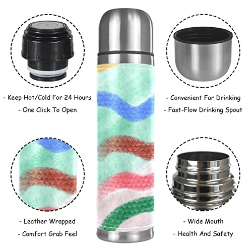 Stainless Steel Leather Vacuum Insulated Mug Colored Lines Thermos Water Bottle for Hot and Cold Drinks Kids Adults 16 Oz