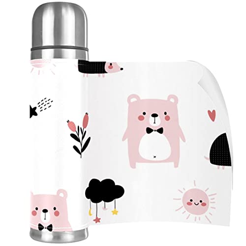 Stainless Steel Leather Vacuum Insulated Mug Bear Thermos Water Bottle for Hot and Cold Drinks Kids Adults 16 Oz