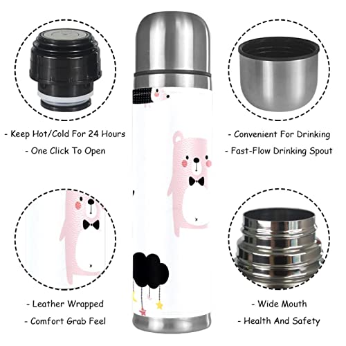 Stainless Steel Leather Vacuum Insulated Mug Bear Thermos Water Bottle for Hot and Cold Drinks Kids Adults 16 Oz