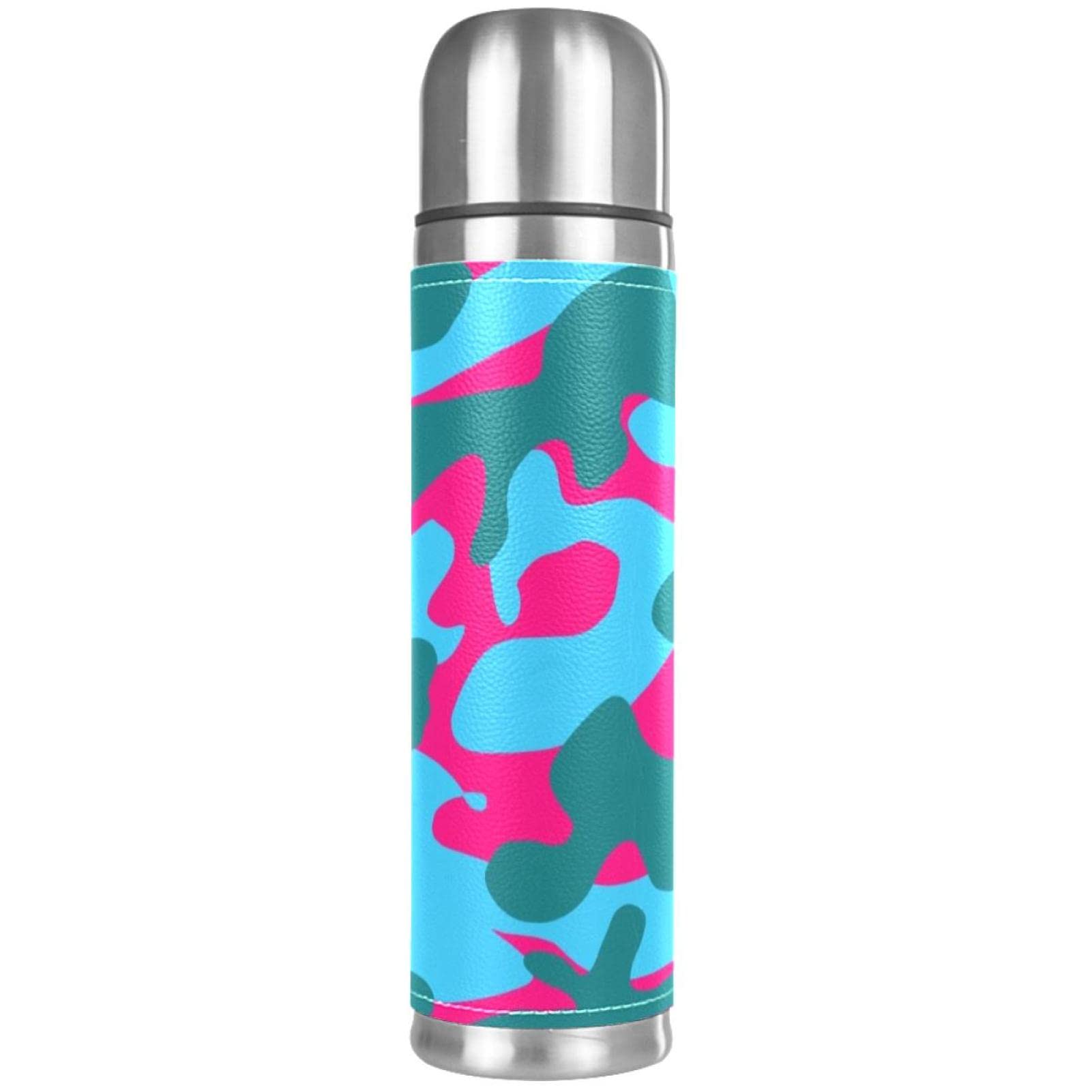 Stainless Steel Leather Vacuum Insulated Mug Crazy Colors Thermos Water Bottle for Hot and Cold Drinks Kids Adults 16 Oz