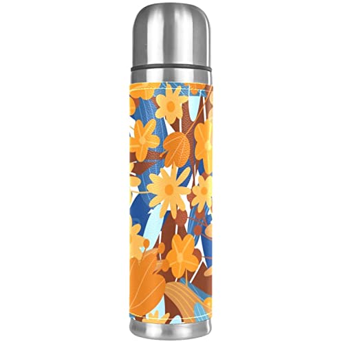 Stainless Steel Leather Vacuum Insulated Mug Flower Thermos Water Bottle for Hot and Cold Drinks Kids Adults 16 Oz