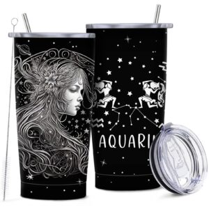 BEOIIBIRD Aquarius Zodiac Tumbler Gifts, 20oz Glaze Stainless Steel with Lid and Straw Water Bottles Insulated Coffee Mug, Beverage Cup for Teen Women Men in Home Office Car Travel