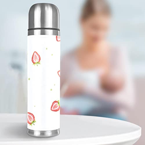 Stainless Steel Leather Vacuum Insulated Mug Strawberry Thermos Water Bottle for Hot and Cold Drinks Kids Adults 16 Oz