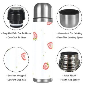 Stainless Steel Leather Vacuum Insulated Mug Strawberry Thermos Water Bottle for Hot and Cold Drinks Kids Adults 16 Oz