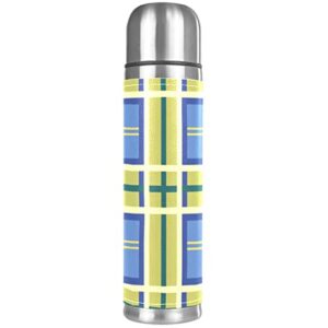 stainless steel leather vacuum insulated mug cascading plaid thermos water bottle for hot and cold drinks kids adults 16 oz