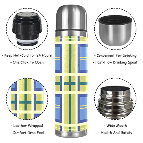 Stainless Steel Leather Vacuum Insulated Mug Cascading Plaid Thermos Water Bottle for Hot and Cold Drinks Kids Adults 16 Oz