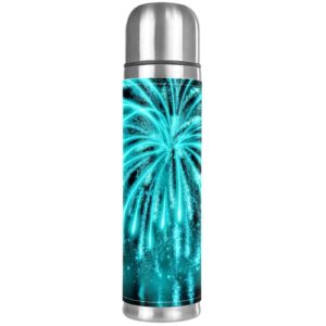stainless steel leather vacuum insulated mug fireworks thermos water bottle for hot and cold drinks kids adults 16 oz