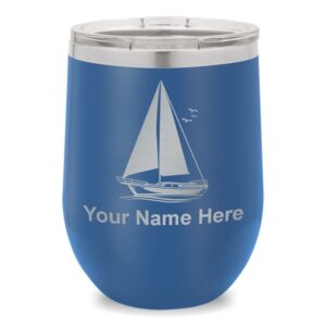 SkunkWerkz Wine Glass Tumbler, Sailboat, Personalized Engraving Included (Dark Blue)