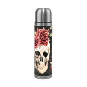 alaza gothic sugar skull with rose vacuum flask 17 oz, double layer stainless steel vacuum insulated pu leather travel mug kettle bottle cup