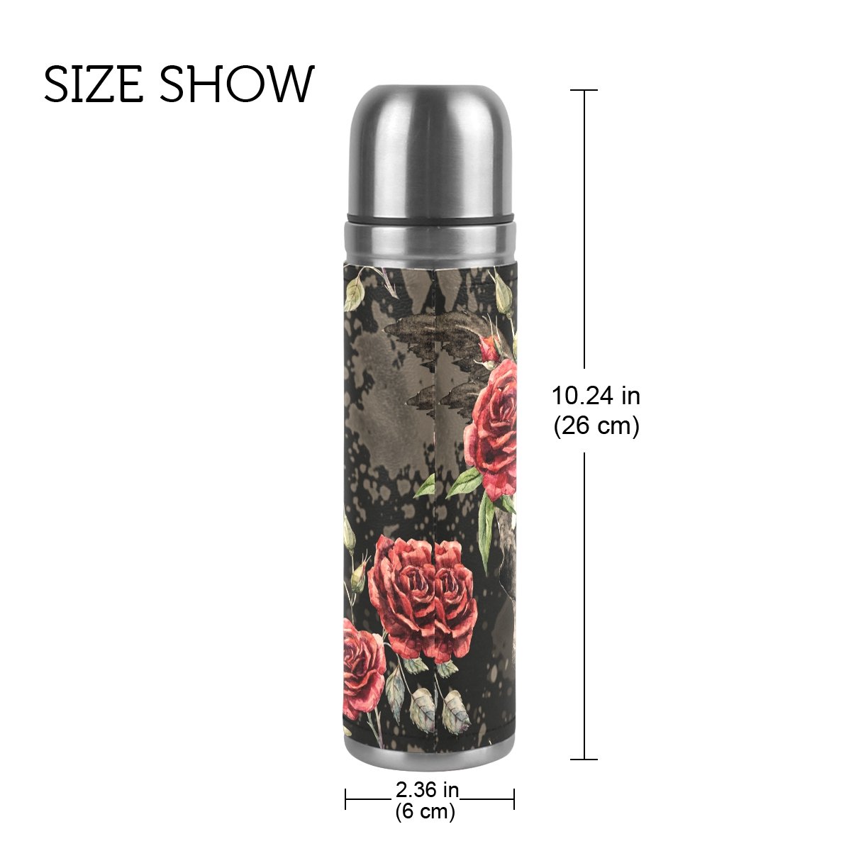 ALAZA Gothic Sugar Skull with Rose Vacuum Flask 17 oz, Double Layer Stainless Steel Vacuum Insulated PU Leather Travel Mug Kettle Bottle Cup