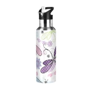 bulletgxll water bottle with straw lid 34oz beautiful colorful dragonfly reusable vacuum insulated stainless steel water bottles, leak proof, bpa-free.