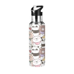 kigai cute cartoon bear stainless steel water bottle w/straw 34 oz- thermo mug, metal canteen-keeps liquids hot or cold w/vacuum insulated sweat proof sport design