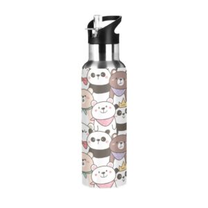 Kigai Cute Cartoon Bear Stainless Steel Water Bottle w/Straw 34 OZ- Thermo Mug, Metal Canteen-Keeps Liquids Hot or Cold w/Vacuum Insulated Sweat Proof Sport Design