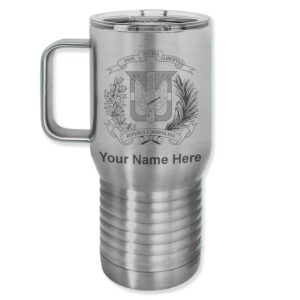 LaserGram 20oz Vacuum Insulated Travel Mug with Handle, Coat of Arms Dominican Republic, Personalized Engraving Included (Stainless)