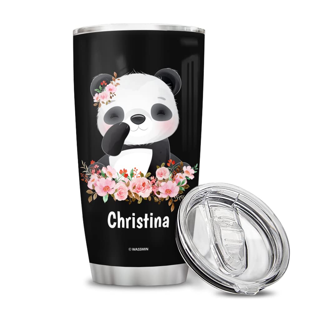 Wassmin Personalized Panda Tumbler Cup With Lid 20oz 30oz Custom Name Customized Double Wall Vacuum Insulated Tumblers Coffee Travel Mug Birthday Christmas Gifts For Animal Panda Lovers