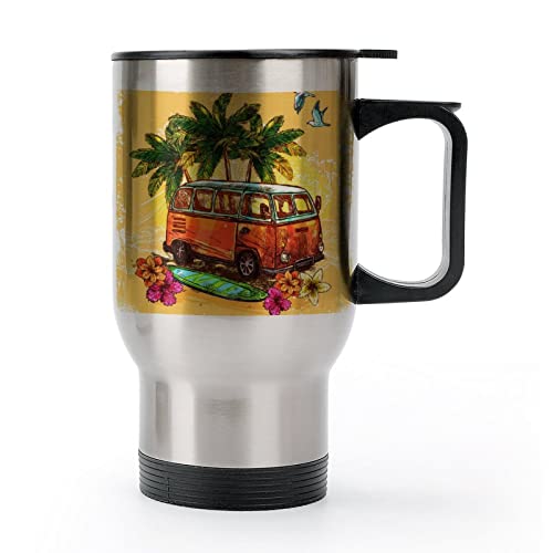 Oyihfvs Hippy Vintage Hamper Bus Surfboard Flowers Palm Trees Stainless Steel Travel Tea Mug for Car, Leak-Proof Vacuum Hot Cold Insulated Water Bottle, Thermal Tumbler Coffee Cup 14 oz