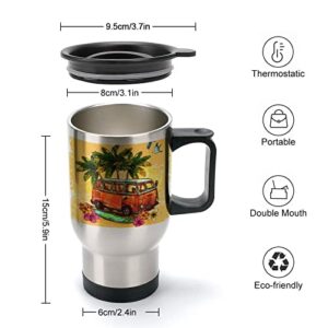 Oyihfvs Hippy Vintage Hamper Bus Surfboard Flowers Palm Trees Stainless Steel Travel Tea Mug for Car, Leak-Proof Vacuum Hot Cold Insulated Water Bottle, Thermal Tumbler Coffee Cup 14 oz