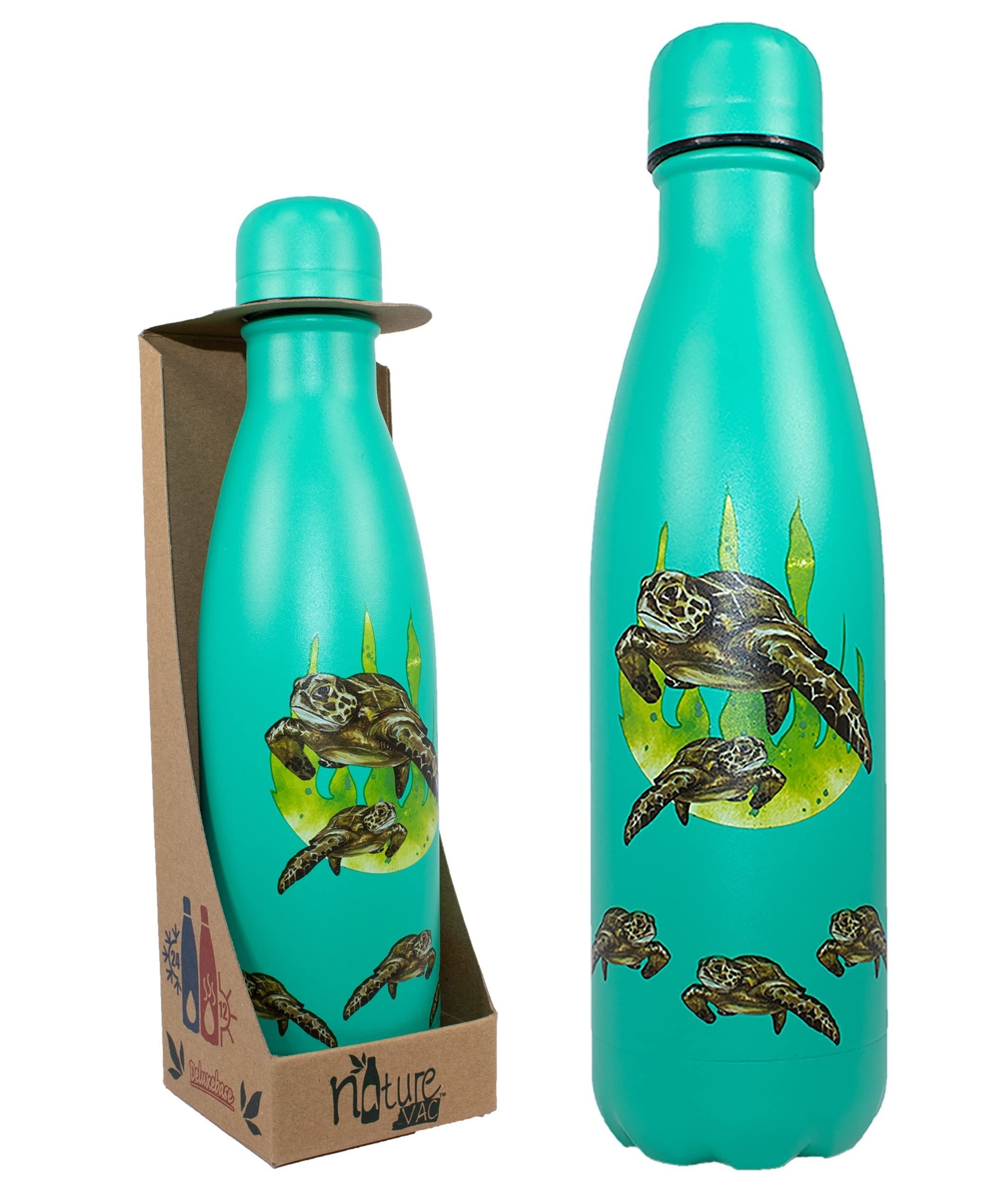 NatureVac Sea Turtle - Stainless Steel Thermal Insulated 17 oz Water Bottle - Drink Stays Hot for 12 Hours and Cold for 24 Hrs Leakproof Vacuum Flask Water Bottle for Gym, Travel, Sports, School