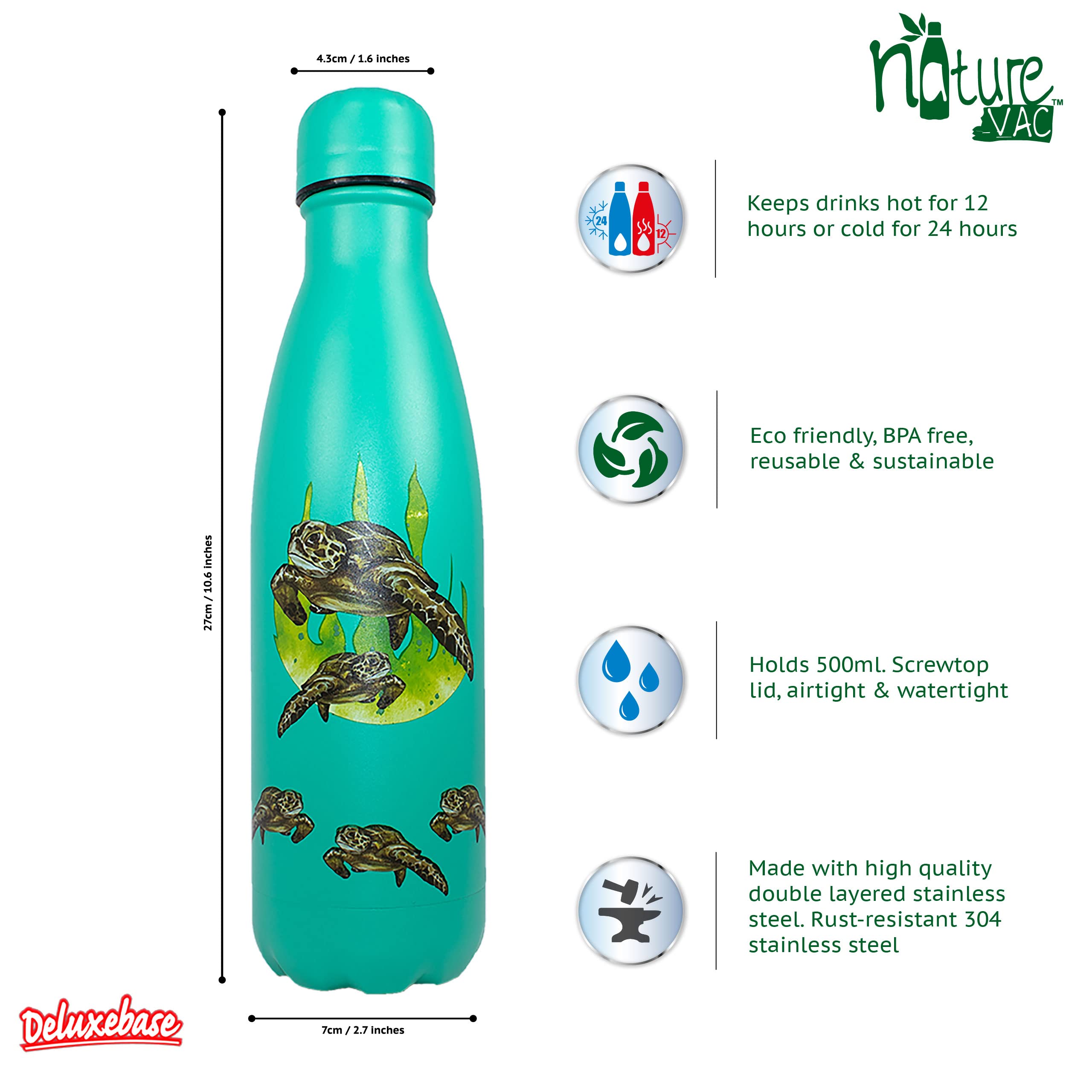 NatureVac Sea Turtle - Stainless Steel Thermal Insulated 17 oz Water Bottle - Drink Stays Hot for 12 Hours and Cold for 24 Hrs Leakproof Vacuum Flask Water Bottle for Gym, Travel, Sports, School