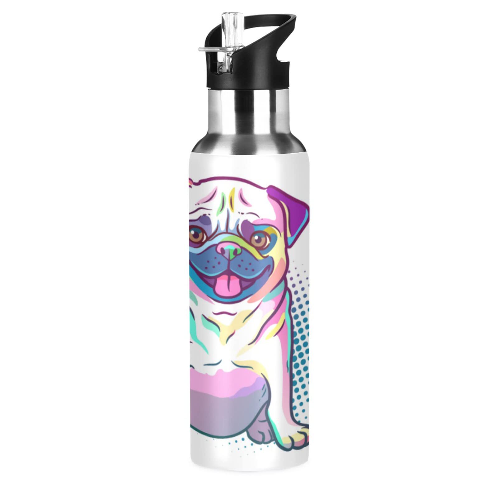 Oarencol Colorful Pug Dog Water Bottle Rainbow Animal Polka Dot Stainless Steel Vacuum Insulated with Straw Lid 20 Oz