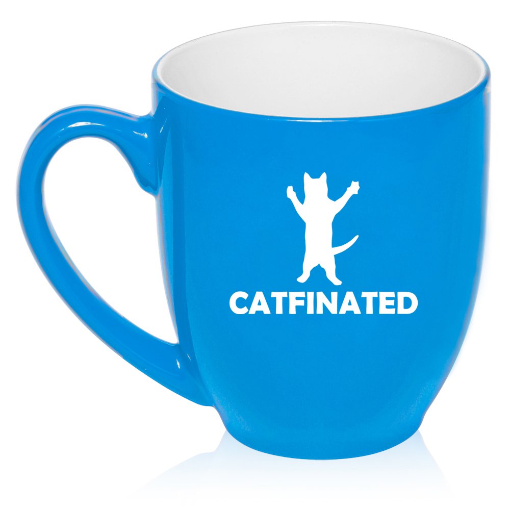 16 oz Large Bistro Mug Ceramic Coffee Tea Glass Cup Catfinated Funny Cat Caffeine (Light Blue)