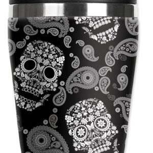 Mugzie White Sugar Skulls"Mini" Travel Mug with Insulated Wetsuit Cover, 12 oz, Black