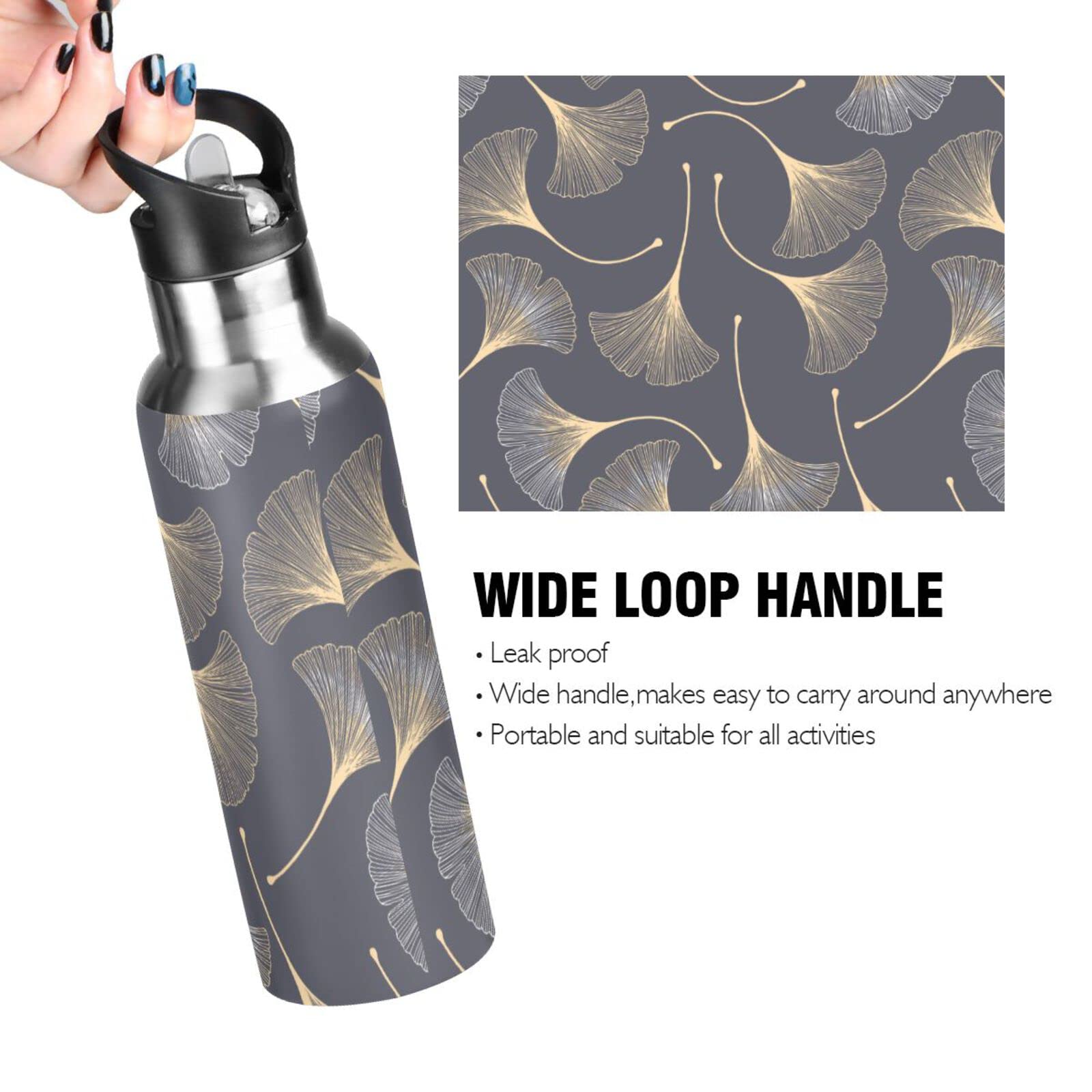 Ginkgo Leaves Leak Free Insulated Bottles with Handle 32 oz Vaccuum Bottle with Straw Lid Thermal Bottle for Hot & Cold Drinks BAP-Free