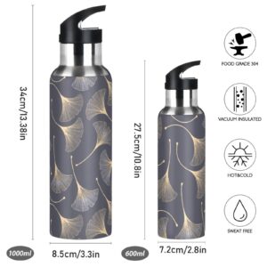 Ginkgo Leaves Leak Free Insulated Bottles with Handle 32 oz Vaccuum Bottle with Straw Lid Thermal Bottle for Hot & Cold Drinks BAP-Free