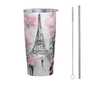 dujiea 20oz tumbler with lid and straw, eiffel tower pink lovers in paris vacuum insulated iced coffee mug reusable travel cup stainless steel water bottle
