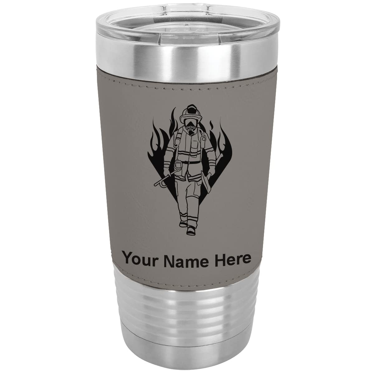 LaserGram 20oz Vacuum Insulated Tumbler Mug, Fireman, Personalized Engraving Included (Faux Leather, Gray)