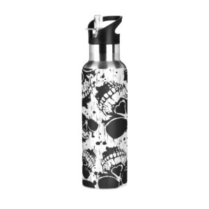 glaphy vintage skulls retro water bottle with straw lid, bpa-free, 20 oz water bottles insulated stainless steel, for school, office, gym, sports, travel