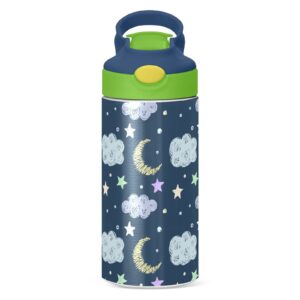ALAZA Good Night Colorful Stars Moon Kids Water Bottles with Lids Straw Insulated Stainless Steel Water Bottles Double Walled Leakproof Tumbler Travel Cup for Girls Boys Toddlers 12 oz,Green