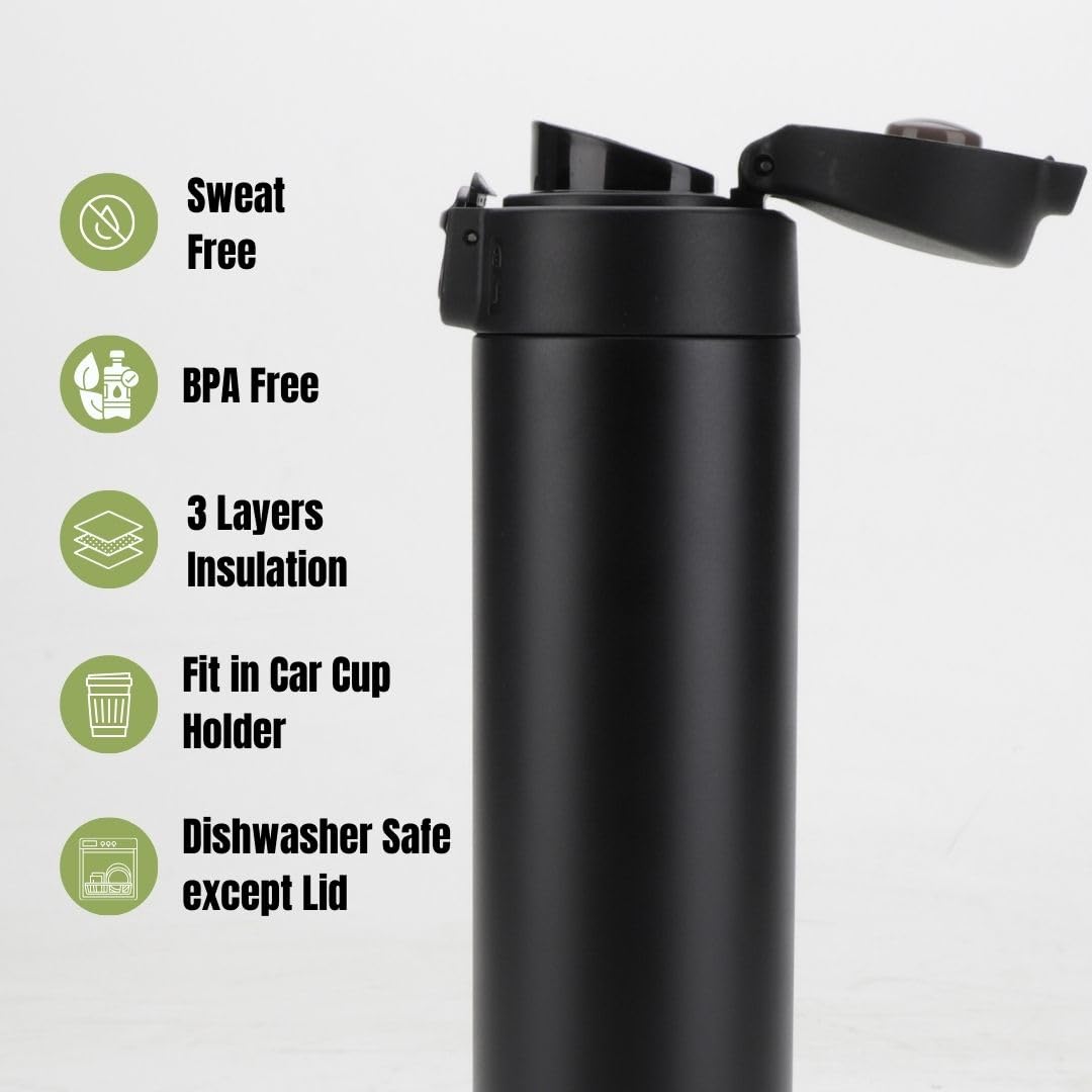 Insulated Water Bottle, Stainless Steel Water Bottle, Double Wall Vacuum Insulated Bottle, Ozizo 18 oz One Touch Drink Cup, Hot Cold