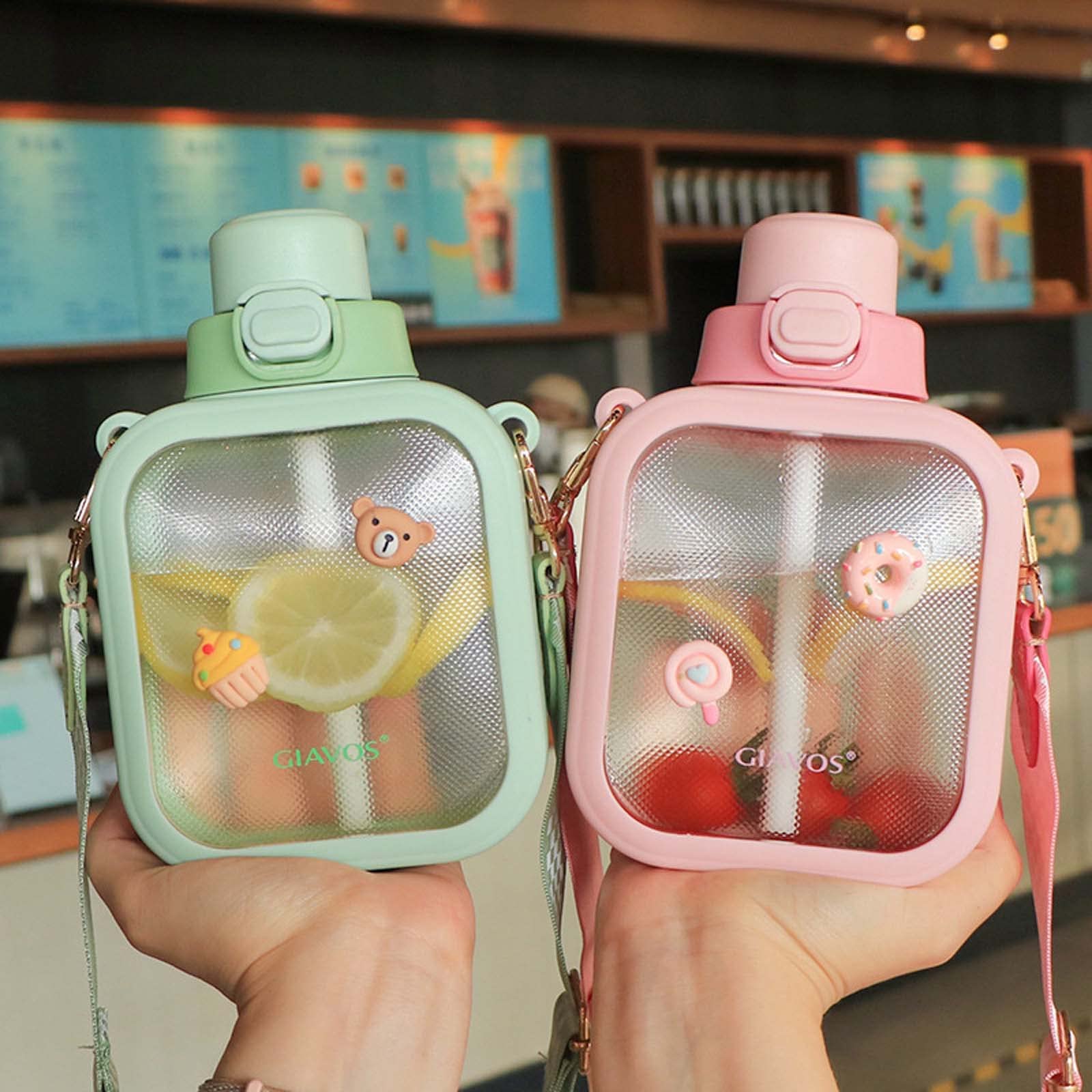 MLAFE Kawaii Square Mug Lovely Large Capacity Outdoor Water Bottle 700ML Portable Drinking Cup With Straw Water Bottle (green)