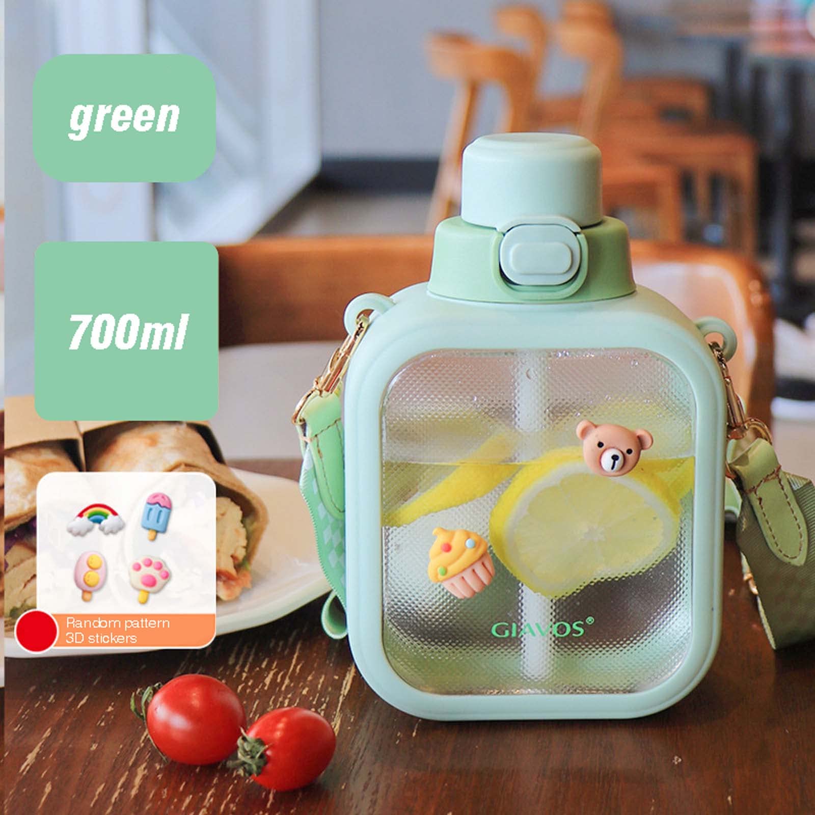 MLAFE Kawaii Square Mug Lovely Large Capacity Outdoor Water Bottle 700ML Portable Drinking Cup With Straw Water Bottle (green)