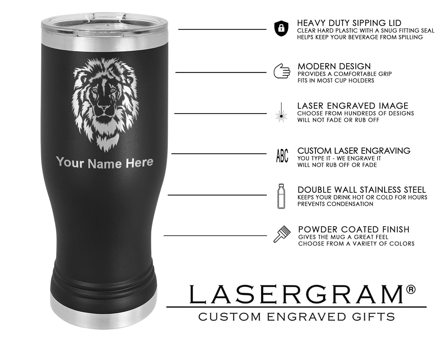 LaserGram 20oz Vacuum Insulated Pilsner Mug, Messianic Symbol, Personalized Engraving Included (Black)