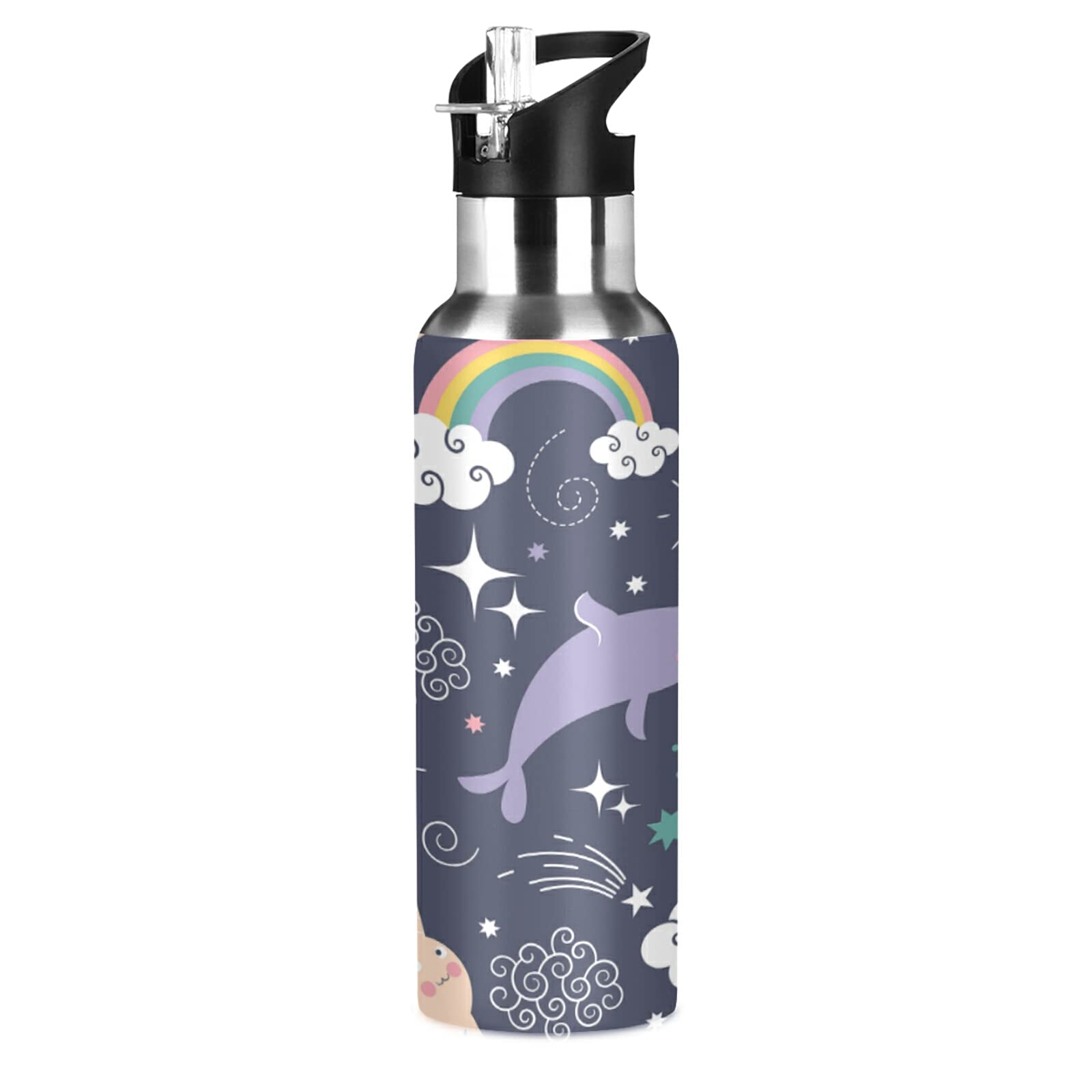 TropicalLife Insulated Water Bottle Narwhal And Rainbow Water Bottle with Straw Stainless Steel Bottle Vacuum Insulated Tumblers for School Sports