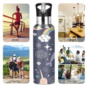 TropicalLife Insulated Water Bottle Narwhal And Rainbow Water Bottle with Straw Stainless Steel Bottle Vacuum Insulated Tumblers for School Sports