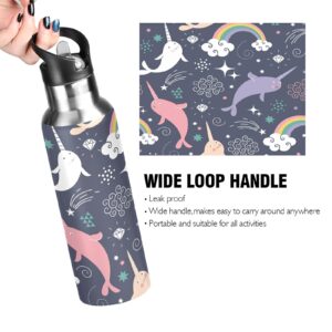 TropicalLife Insulated Water Bottle Narwhal And Rainbow Water Bottle with Straw Stainless Steel Bottle Vacuum Insulated Tumblers for School Sports