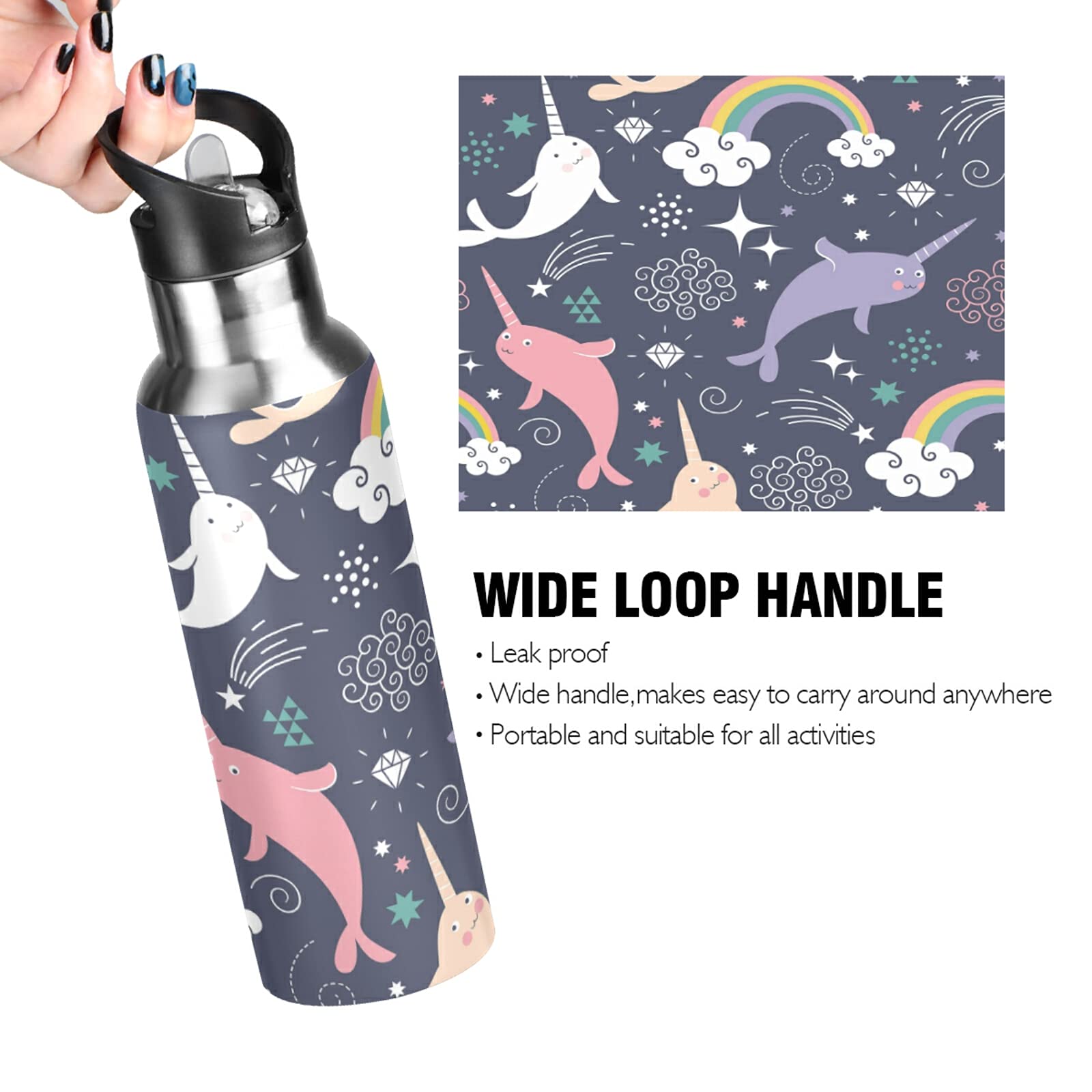 TropicalLife Insulated Water Bottle Narwhal And Rainbow Water Bottle with Straw Stainless Steel Bottle Vacuum Insulated Tumblers for School Sports