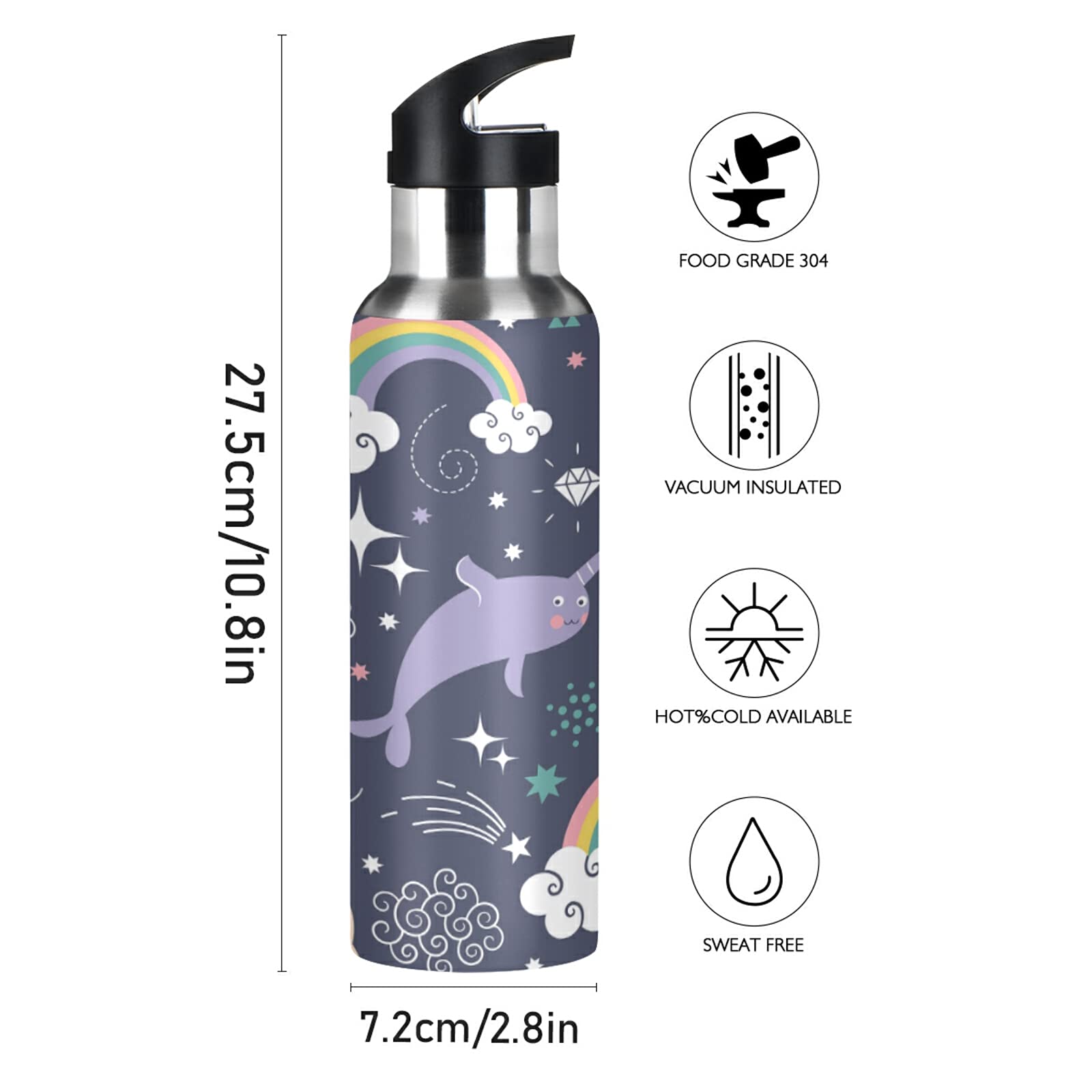 TropicalLife Insulated Water Bottle Narwhal And Rainbow Water Bottle with Straw Stainless Steel Bottle Vacuum Insulated Tumblers for School Sports