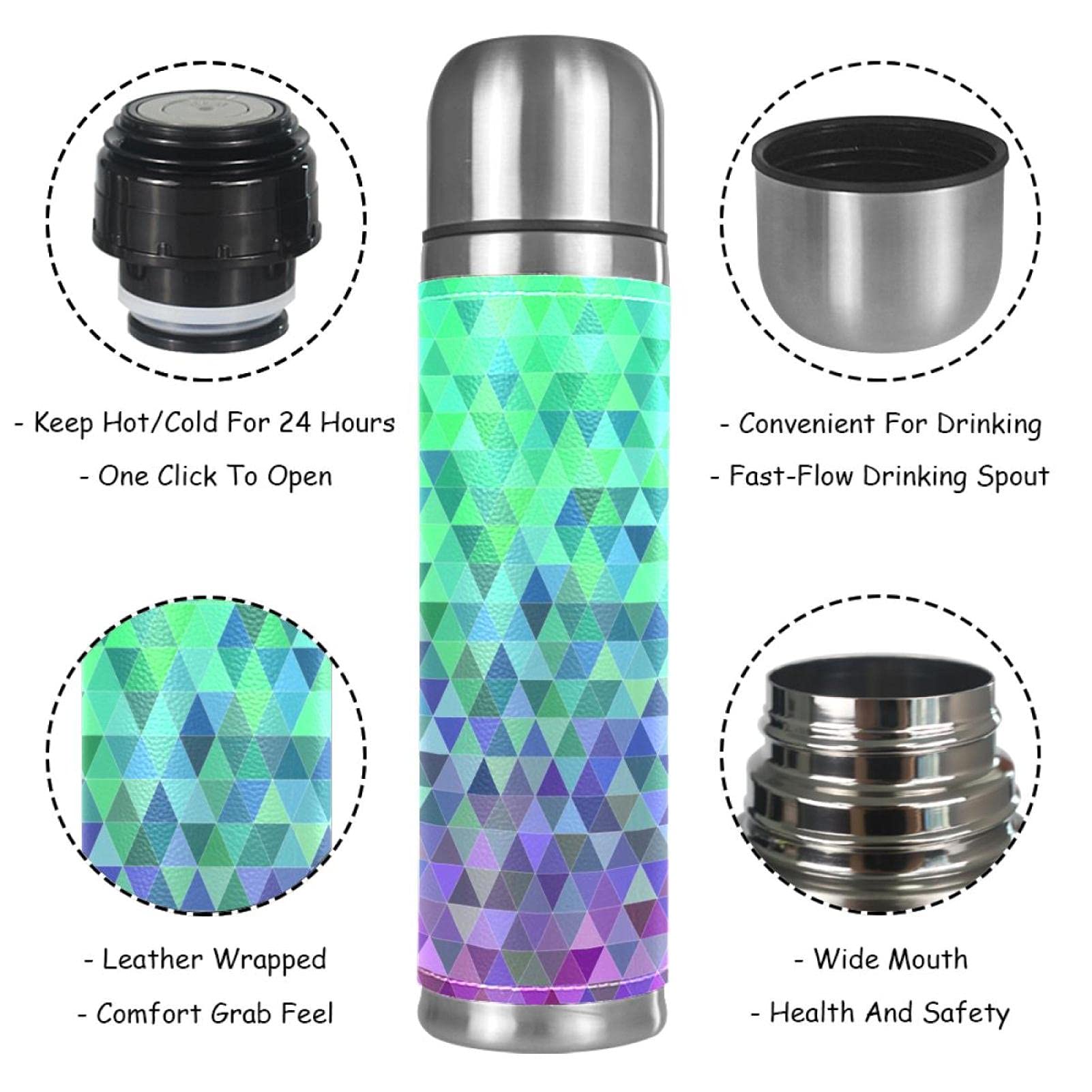 Stainless Steel Vacuum Insulated Mug, Multi Grid Clean Print Thermos Water Bottle for Hot and Cold Drinks Kids Adults 17 Oz