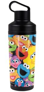 sesame street official character head collage 18 oz insulated water bottle, leak resistant, vacuum insulated stainless steel with 2-in-1 loop cap