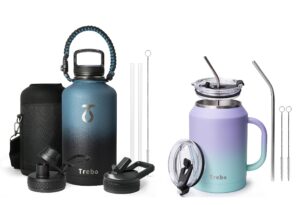 trebo water bottle 64oz with paracord handle, half gallon food-grade double wall vacuum stainless steel insulated jug with straw spout handle lids,&trebo 50 oz mug tumbler with handle, coffee cup