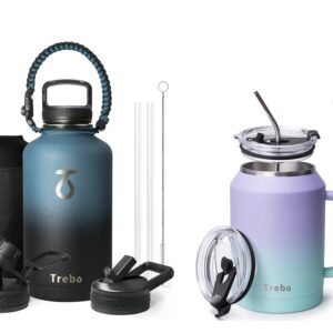 Trebo Water Bottle 64oz with Paracord Handle, Half Gallon Food-grade Double Wall Vacuum Stainless Steel Insulated Jug with Straw Spout Handle Lids,&Trebo 50 oz Mug Tumbler with Handle, Coffee Cup