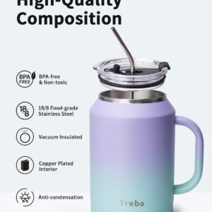 Trebo Water Bottle 64oz with Paracord Handle, Half Gallon Food-grade Double Wall Vacuum Stainless Steel Insulated Jug with Straw Spout Handle Lids,&Trebo 50 oz Mug Tumbler with Handle, Coffee Cup