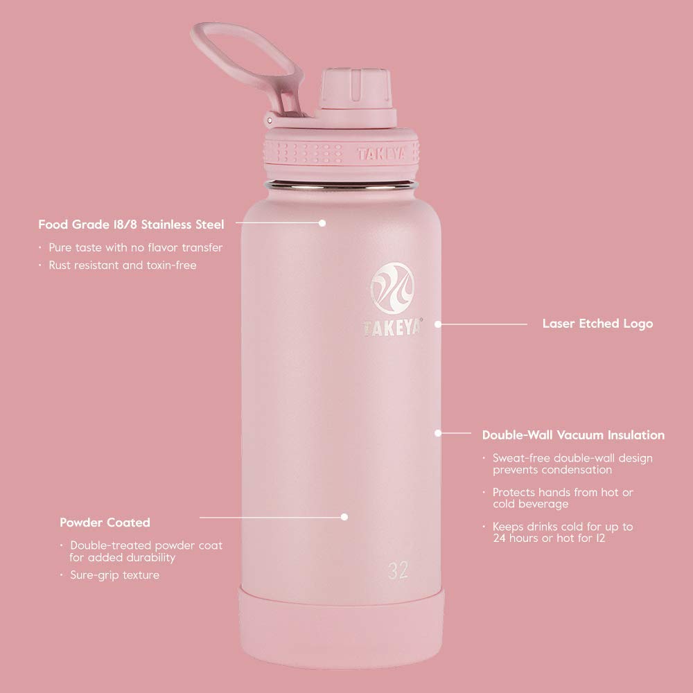 Takeya Actives Insulated Stainless Steel Water Bottle with Spout Lid, 32 Ounce, Blush & Actives Insulated Stainless Steel Water Bottle with Spout Lid, 32 oz, Arctic