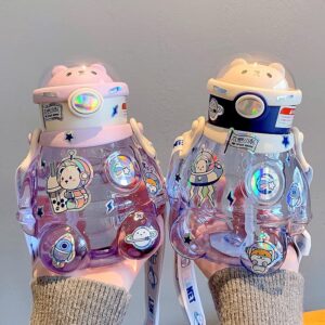 HACODAN Kawaii Straw Bottle with Strap Cute Cartoon Water Bottles with Stickers for Women Juice Coffee 23oz 700ML (Blue)