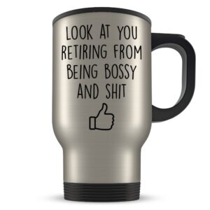 boss retirement gifts for men and women - happy and retired manager, owner or employer travel mug congratulations - funny gag retire cup for someone retiring from the executive management