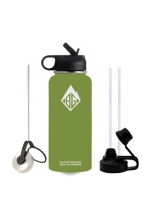blazin goods stainless steel, leak proof, vacuum insulated stainless steel, double walled water bottle | 3 lids, 2 straws, 1 wire cleaning brush (olive/drab, 32 oz)